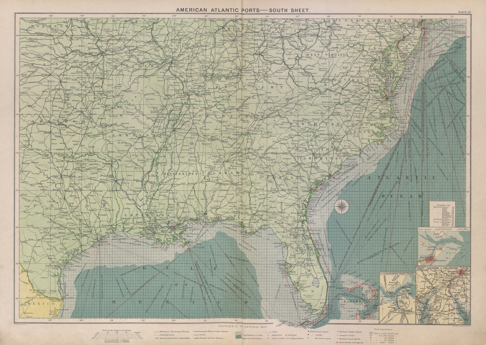 US Atlantic & Gulf Coast Ports sea chart lighthouses mail routes LARGE 1916 map